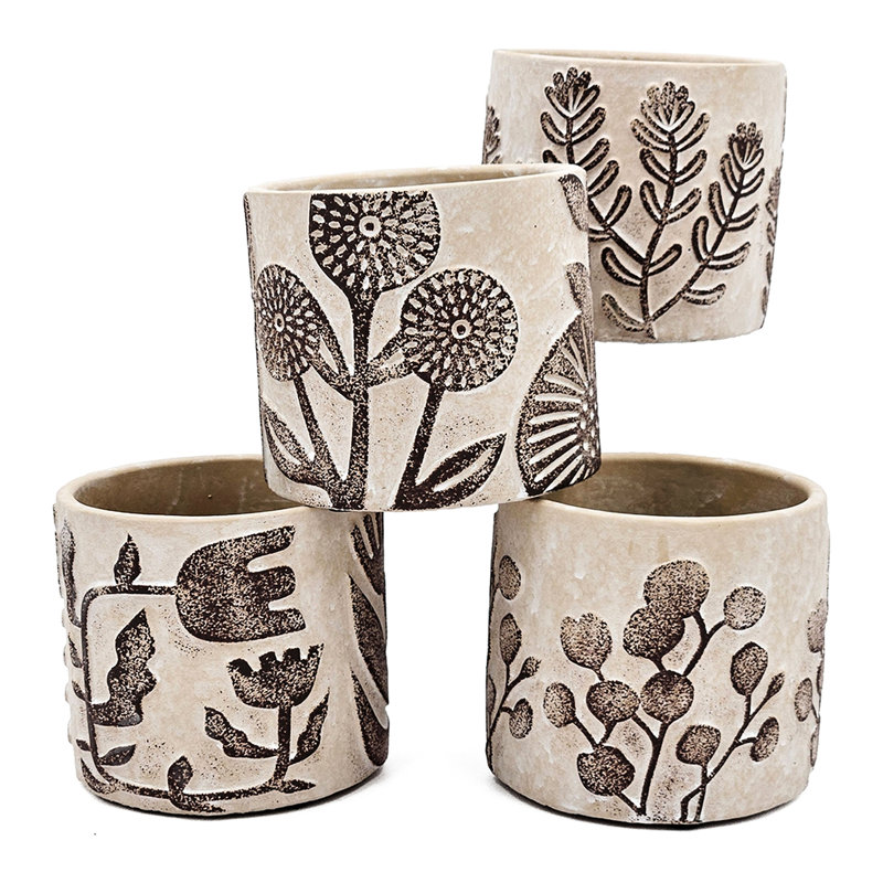 Pot à fleurs gris sable et ciment, éléments botaniques bruns, décoration de 4 jardinières, espace de vie