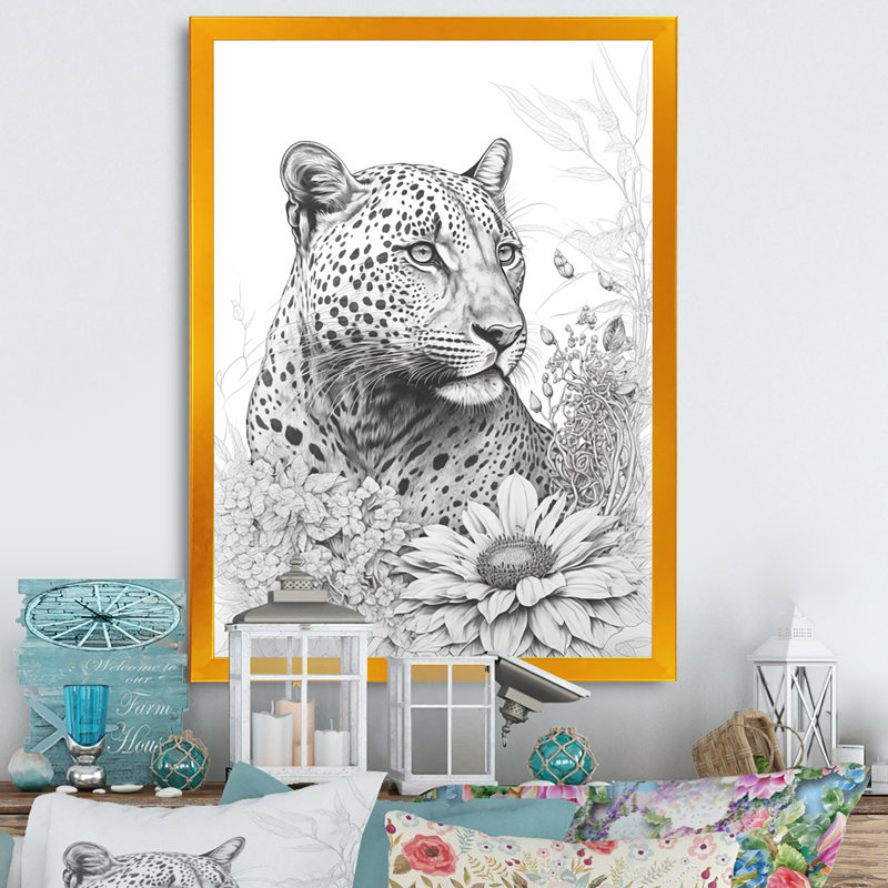 «Leopard noir et blanc dans les fleurs de la jungle II», reproduction sur toile, H 20 po x l 12 po x P 1 po