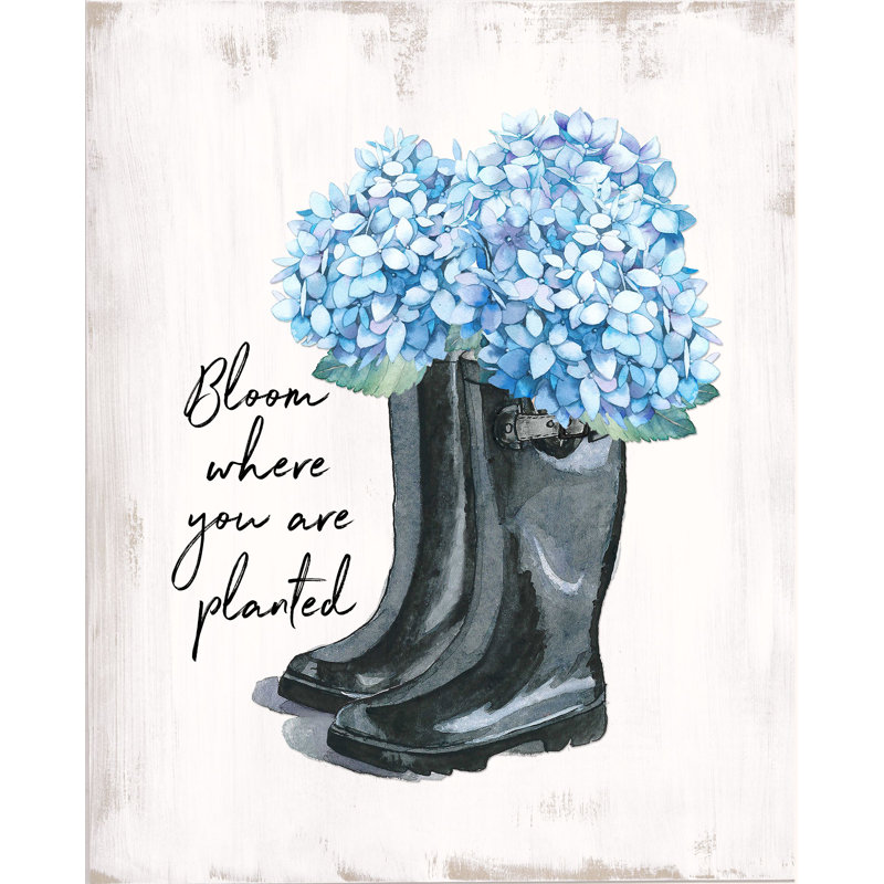 Blue Hydrangeas in Rainboots - Painting Print, 30 cm H x 20 cm W, Wrapped Canvas