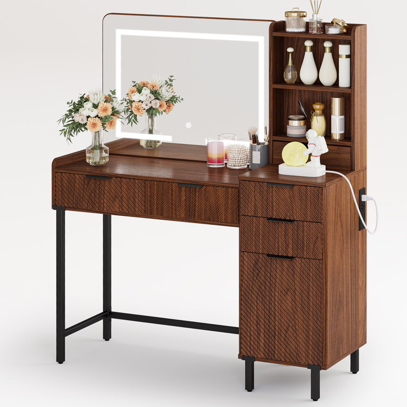 45.3’’L Modern Style Vanity Desk With Mirror, LED Lights And Power Outlet, Bedroom Makeup Vanity Table With Storage Cabinet And 4 Drawers