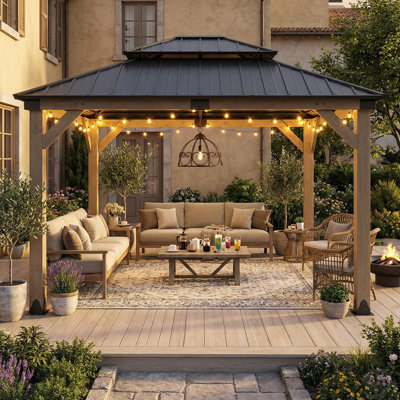 13 Ft. W x 11 Ft. D Cedar Wood Patio Gazebo with Double Metal Roof Hardtop Gazebo