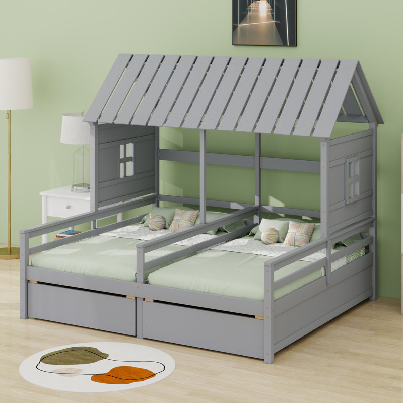 Lit plateforme House avec deux tiroirs, lits partagés combinés de 2 côte à côte, Gris