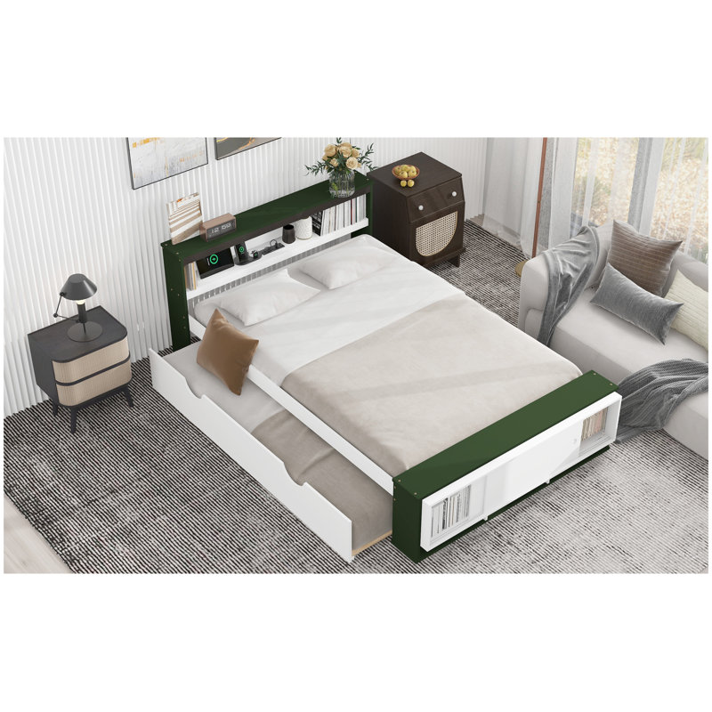 Full Size Platform Bed With Trundle,Storage Headboard And Footboard,USB Charging Design, Green
