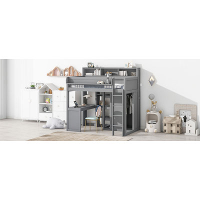 Lit mezzanine simple en bois avec plusieurs tablettes de rangement et garde-robe, gris