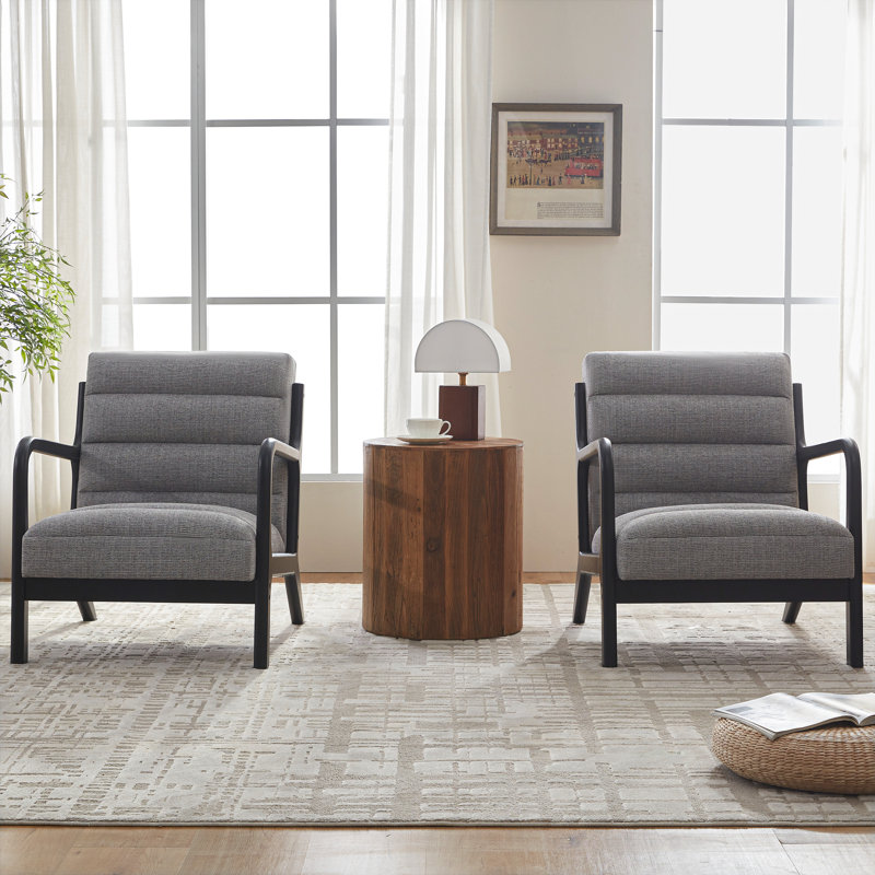 25.6" Wide Mid Century Upholstered Armchair Solid Wood Accent Chair (Set Of 2), Gray