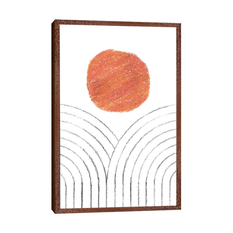 Orange Sun And Line Art Rainbows by Whales Way - Print on Canvas, 101.6cm H x 66.04cm W x 3.81cm D, Classic Brown Wood Framed