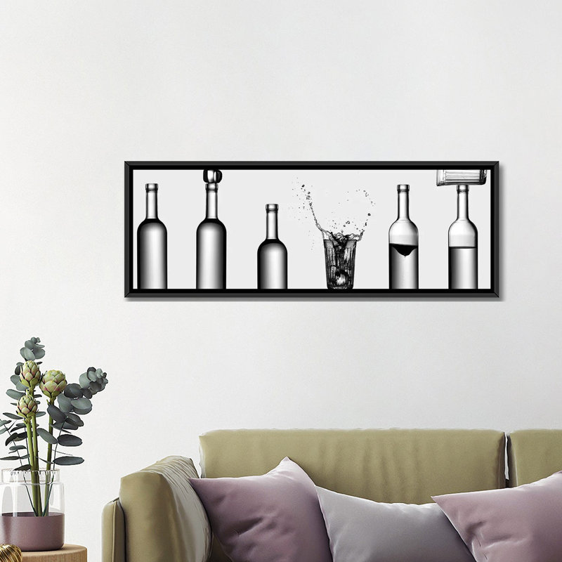 " Bottles Game " by Valeriy Kasmasov, 12" H x 36" W x 1.5" D, Black Framed