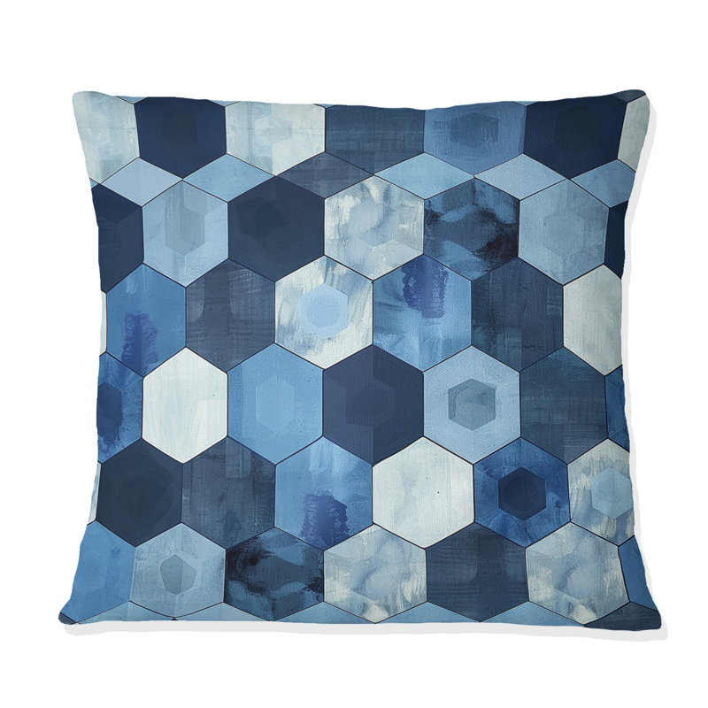 Imprimé hexagonal bleu et blanc III - Coussin moderne, H 18 po x l 18 po