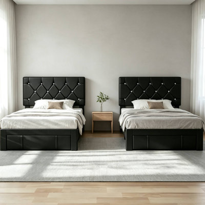 2 Pack Black Upholstered Headboard Adjustable Height Twin Size Platform Single Bed With Drawer