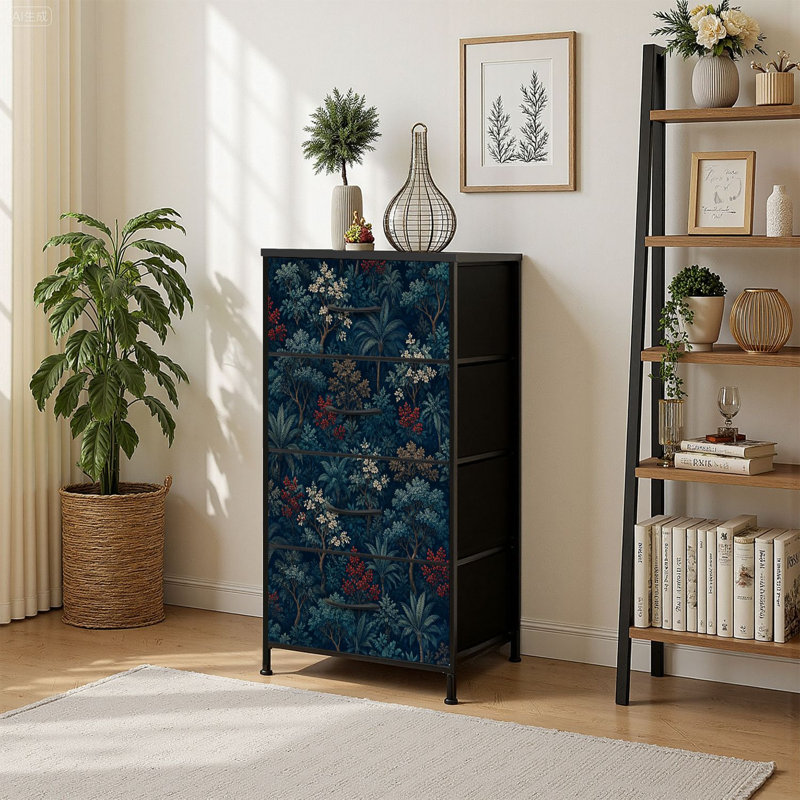 Commode de rangement verticale 4 tiroirs avec fleurs tropicales et plateau en bois