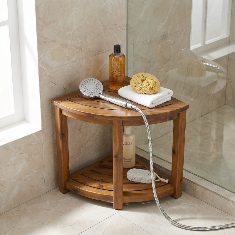 Banc de douche d'angle en teck de 40 cm de large, chaise de douche résistante à l'eau et tabouret de douche en teck avec tablette de rangement, repose-pieds pour le rasage et pieds antidérapants