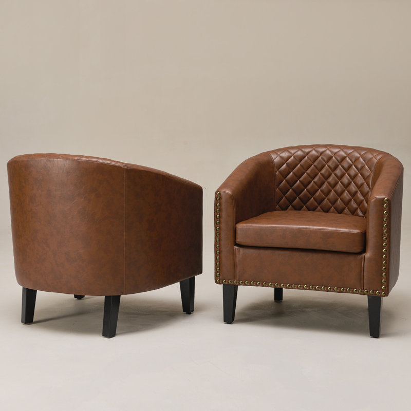 Oscar 2- Piece 29" Wide Tufted Faux Leather Barrel Club Chair, Brown Faux Leather