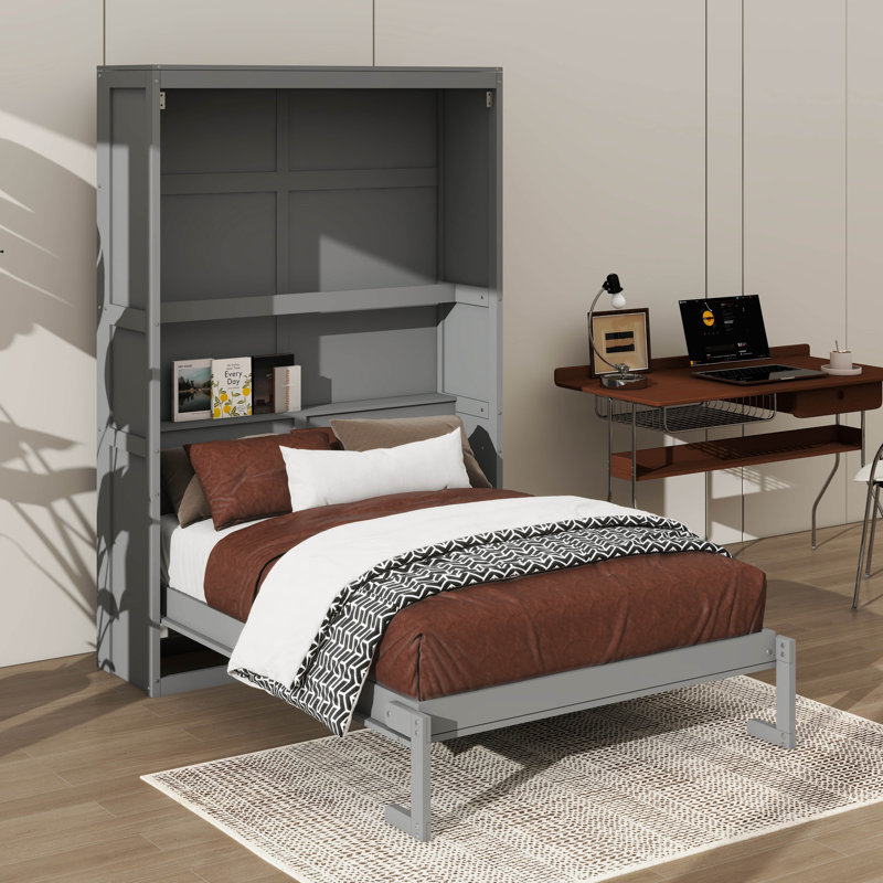 Lit escamotable fonctionnel avec tablettes intégrées, Lit double, Gris