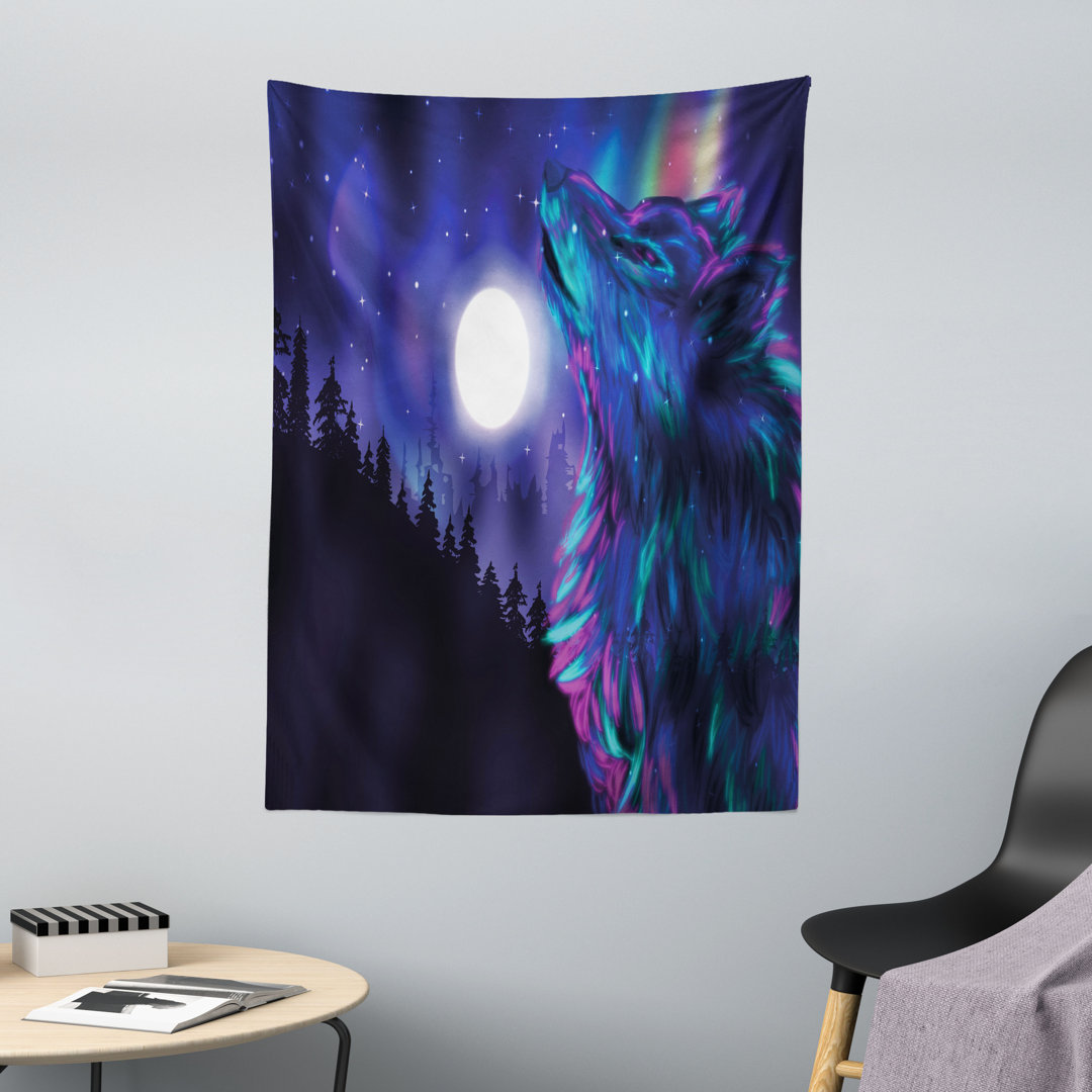 Wandteppich, Aurora Borealis und Wolf, Mond, Indigo Aqua Magenta