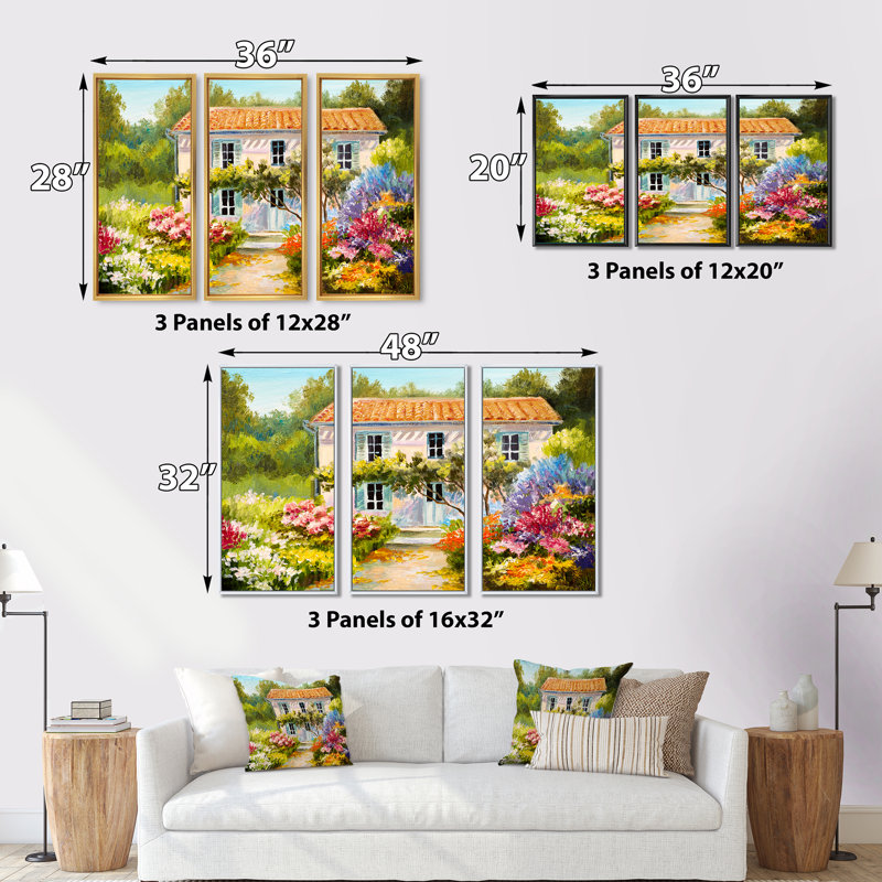 «Little House On The Mountain With Flowers II», ensemble d'art mural sur toile encadré traditionnel de 3, Noir