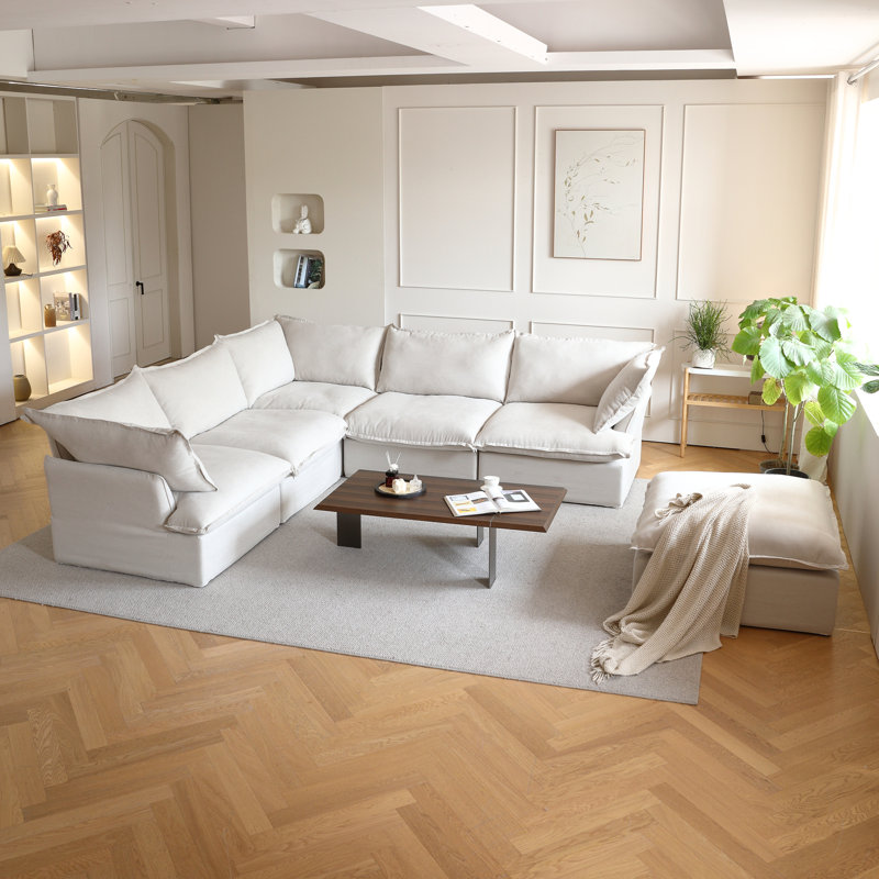 Canapé modulaire rembourré en velours côtelé avec repose-pieds Fairford, Mélange de lin beige