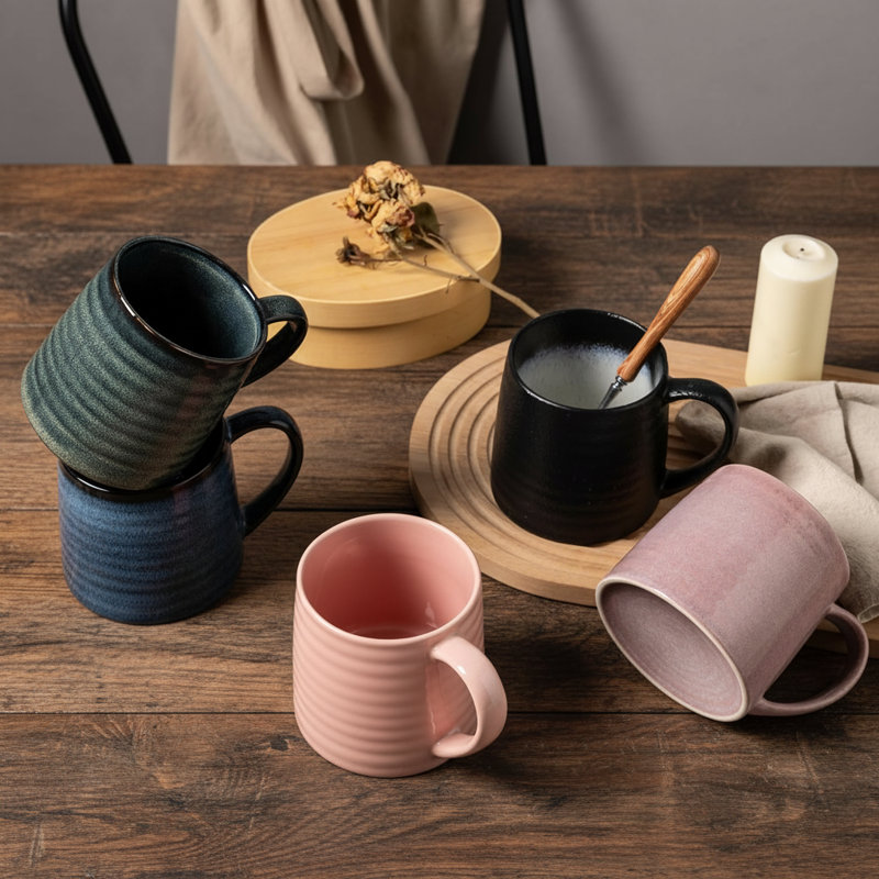 Très grande tasse à café en céramique 21 oz, mug émail mauve avec motif gros ventre et rayures, va au micro-ondes, Violet