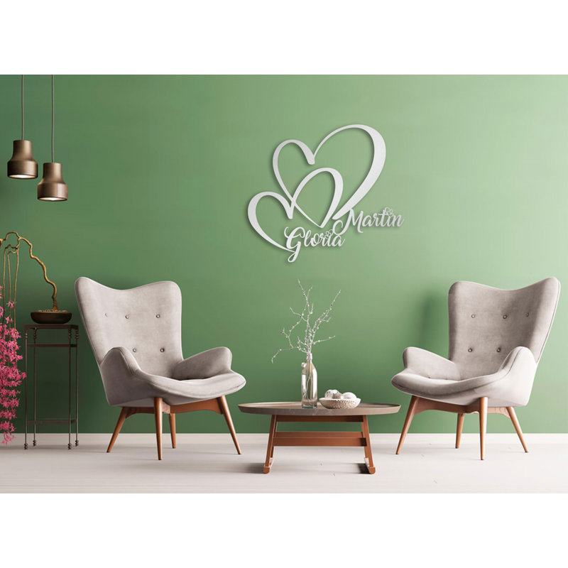 Décoration murale personnalisée en métal double cœur et amour pour la Saint-Valentin ou cadeau de mariage, Oui, Argenté mat