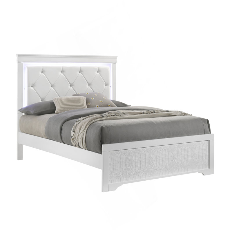 Grand lit tapissier de style moderne avec tête de lit à DEL et bois, Blanc
