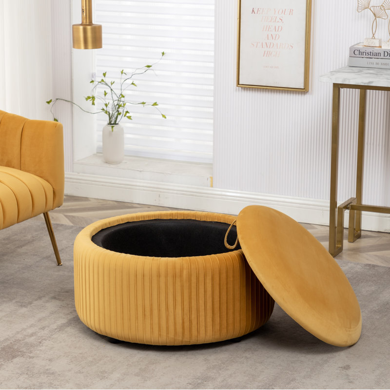 Savinien Upholstered Round Storage Ottoman, Yellow Velvet