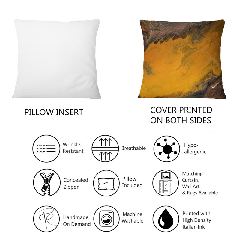 Orange And Black Marble Waves - Modern Printed Throw Pillow 12" x 20"