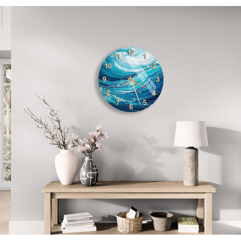 Horloge murale tourbillon océanique en marbre bleu artistique, élégante horloge en verre trempé, cadeau de décoration d'inspiration côtière