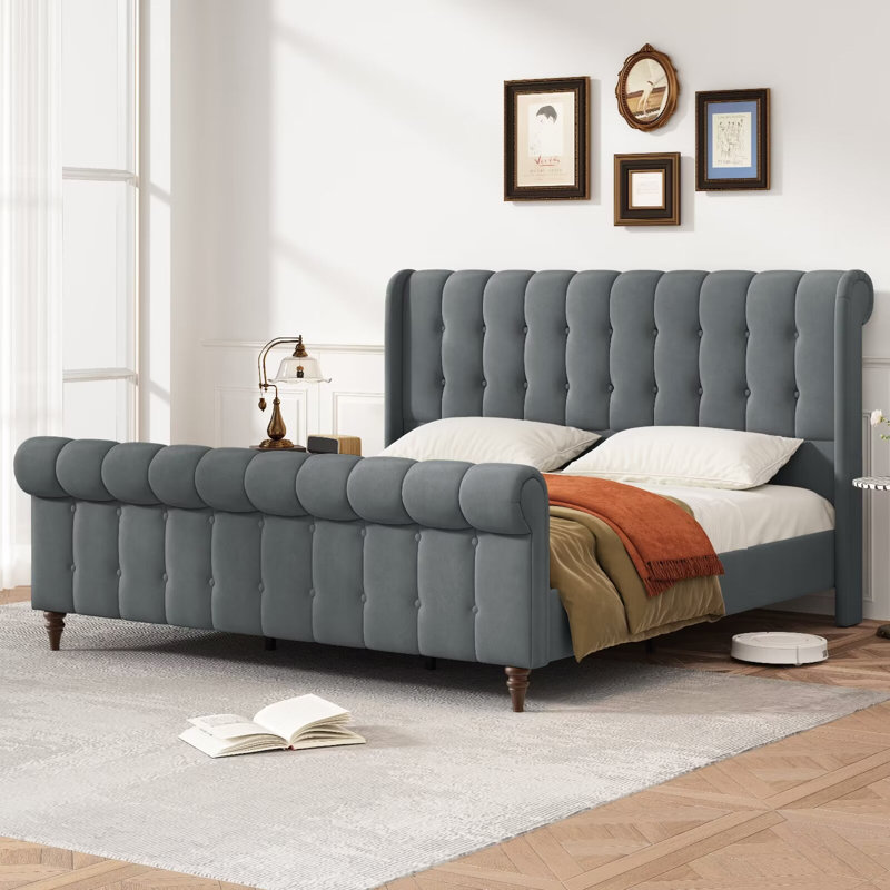 Lit plateforme tapissier avec tête de lit capitonnée et tête de lit capitonnée, tête de lit à oreilles en velours, structure en métal et support à lattes en bois, aucun sommier nécessaire, assemblage facile, silencieux