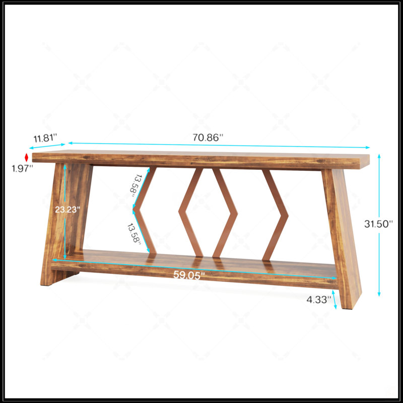 Console extra longue 70,9 pouces avec tablettes de rangement à 2 niveaux, design industriel rustique pour le salon et le couloir