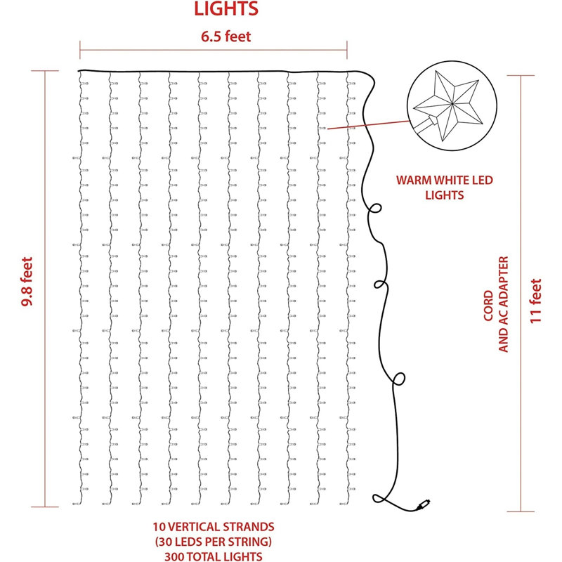 ProductWorks Indoor/Outdoor 300 LED-Star String Light Curtain with 8-Function Controller, 6.5ft x 10ft, White