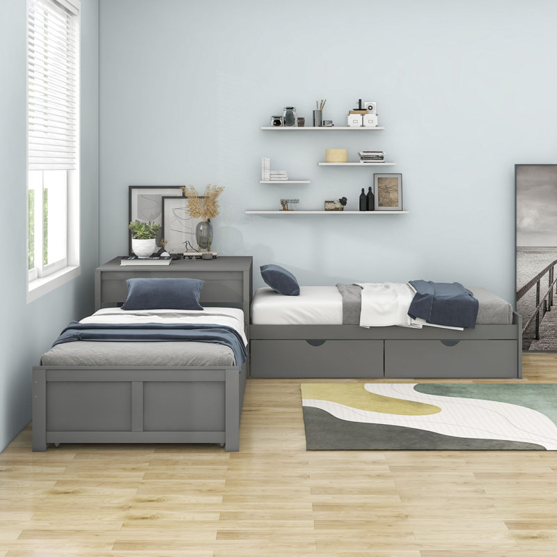 Twin Size L-Shaped Platform Bed with Trundle and Two Drawers, Grey