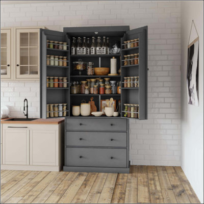  77 Inch Farmhouse Kitchen Pantry Cabinet, 35" Wide Freestanding Tall Storage Cupboard with 3 Adjustable Shelves, 8 Anti-Slip Door Shelves and 3 Pull-Out Drawers, Anti-Tip Design for Kitchen Dining Room
