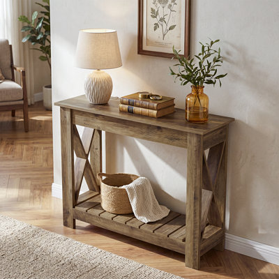 Console de 41 po en bois massif, table d'entrée de style campagnard avec design en X et tablette inférieure à lattes, table de canapé étroite pour le salon, brun rustique