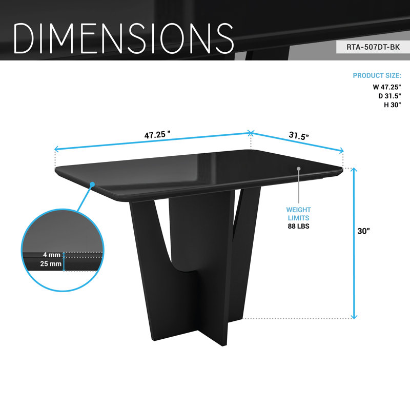 Compact Italian Style Dining Table for 4 with Painted Glass top and Elegant Wood Base, Black, Black