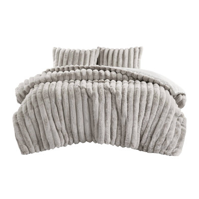 3 Pieces King Ultrasoft Faux Fur Ribbed Comforter Featuring Fill And Smooth Front Gray 3 With Fluffy Cord-Textured Face Backing