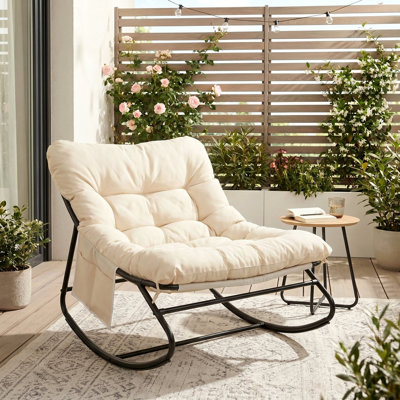 Outdoor Papasan Rocking Chair, Lounge Chair with Cushion & Sturdy Metal Frame, Patio Rocker Chair for Balcony Backyard Porch Bedroom, Beige, 1pcs