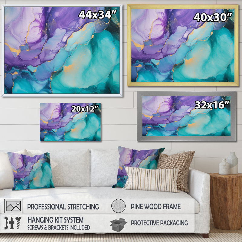 Art mural sur toile turquoise et mauve liquide III - Fractals, Toile tendue, H 30 po x l 40 po x P 1,5 po