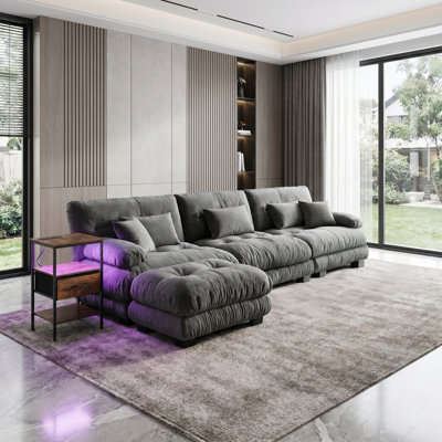 L-Shaped Chenille Modular 4-Seater Sofas With Ottoman Set Perfect For Living Room With Nightstand