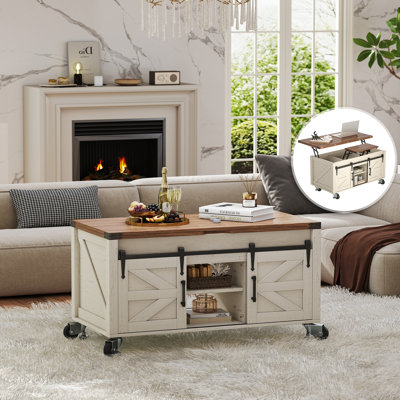 Coffee Table with Casters, Farmhouse Lift Top Coffee Table with Hidden Storage and Sliding Barn Door for Living Room