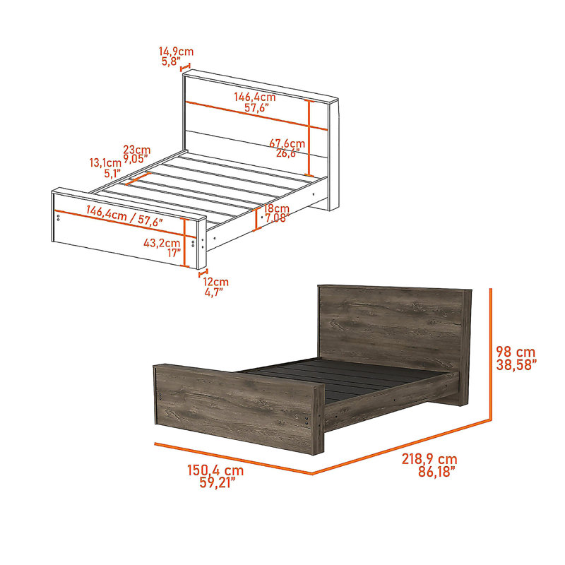 Base de lit double avec tête de lit Braga, brun foncé