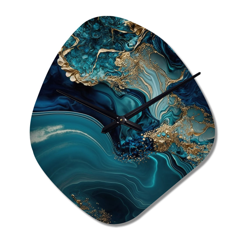 «Abstract Geode Turquoise I», horloge murale en métal à forme unique, impression asymétrique turquoise, Petit
