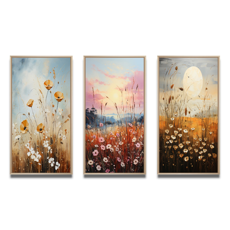 «Meadow Grasslands Pointillism», 3 pièces sur toile, Encadré naturel, H 28 po x l 36 po