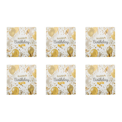 Paquet de 20 serviettes de table Happy Birthday à motif de 3 plis - ballons dorés - ensemble de 6