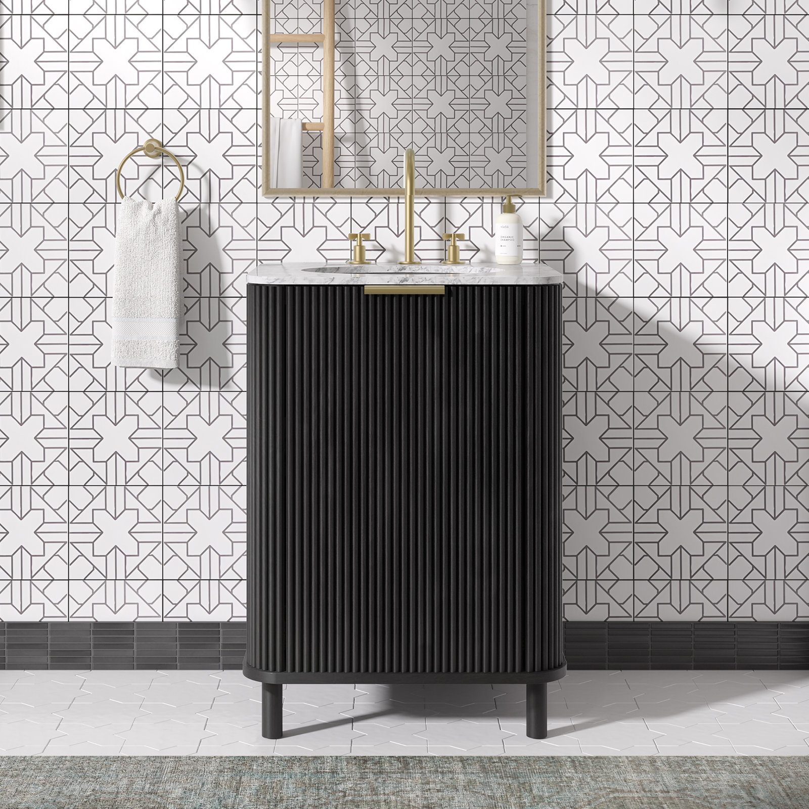 Nova 24" Marble Top Single Bathroom Vanity, Black Reeded