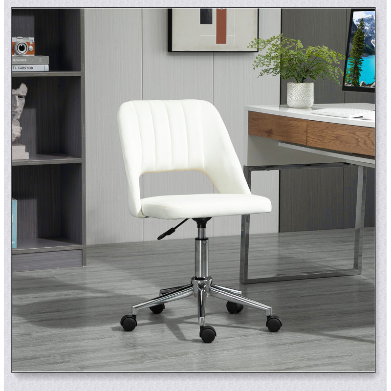Chaise de bureau rembourrée en polyester, pivotante, réglable en hauteur, avec roulettes, Blanc, crème