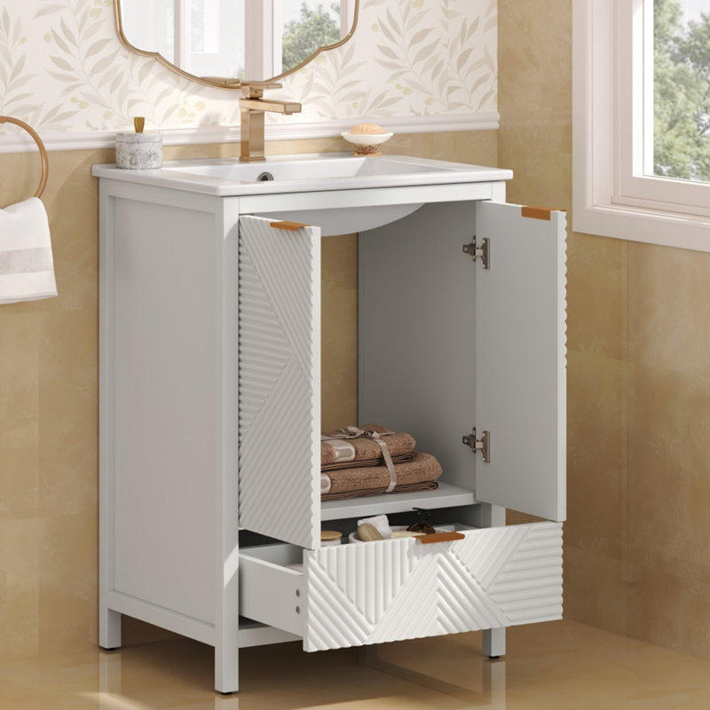 24 Inches Bathroom Vanity With Sink Combo, Modern Bathroom Vanity With Single Faucet Hole, Textured Door Panels And A Drawer, Pine Legs, Large Storage Space & Soft Close Hinges