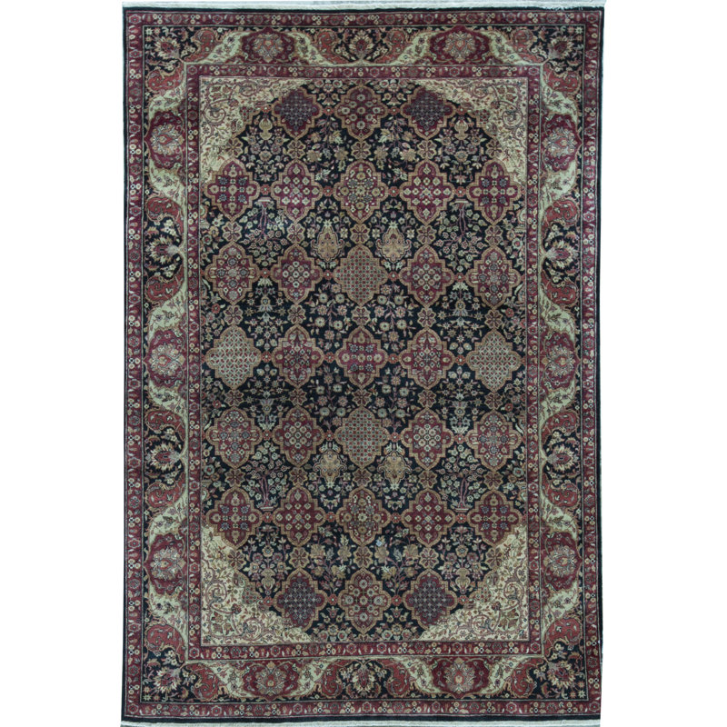 Tapis oriental en laine noué à la main en noir / rouge / beige / vert Lamani