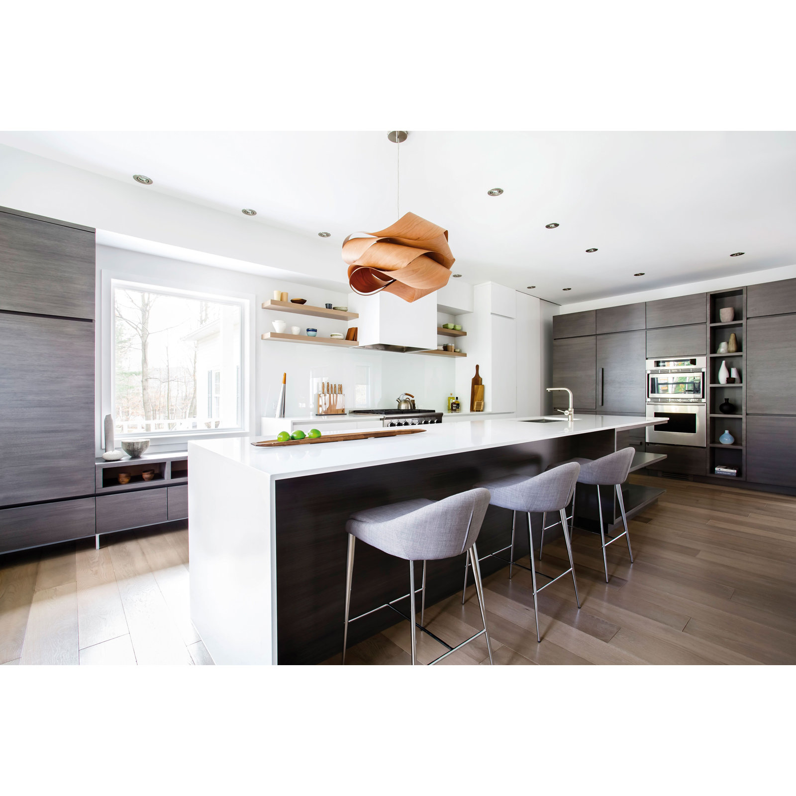 Single Light Dimmable Pendant, Natural Cherry, Nickel, 15.7" H x 27.1" W x 27.1" D