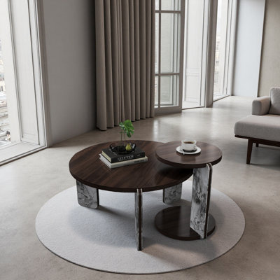 Table basse ronde avec table de bout et table d'appoint avec placage en chêne, panneau de fibres à densité moyenne de 25 mm pour le salon, la salle à manger, les pieds en pierre frittée, diamètre de 83 et 43 cm