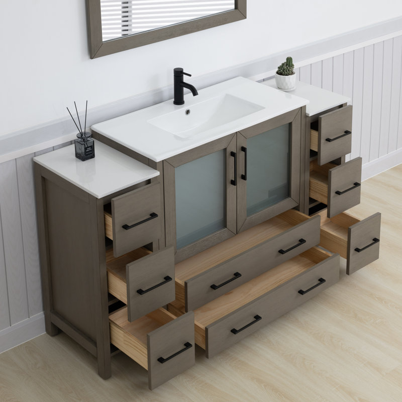 Meuble-lavabo simple 60 po avec plateau et miroir, Gris bois flotté / noir mat