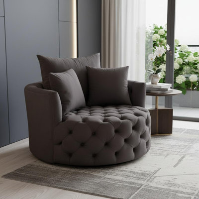  Fauteuil demi-tonneau pivotant en velours gris avec coussins décoratifs
